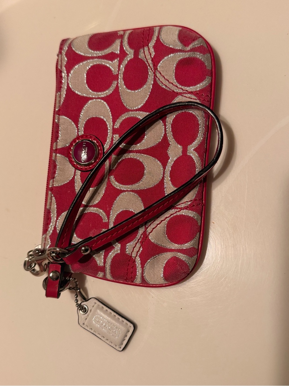Coach Hot Pink and Silver Signature Mini Wristlet